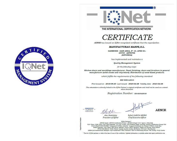 Manufacturas Marpe está cuenta con la certifiación de calidad AENOR ISO 9001:2008