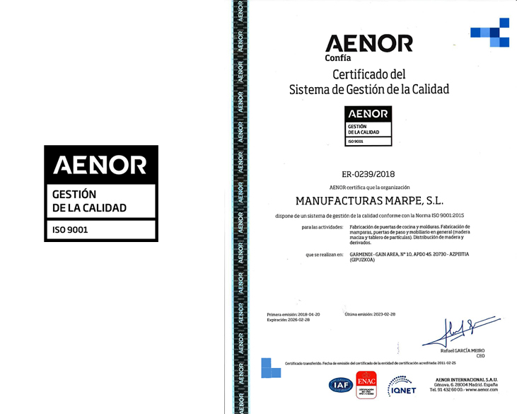 Manufacturas Marpe has the quality certificate AENOR ISO 9001:2008