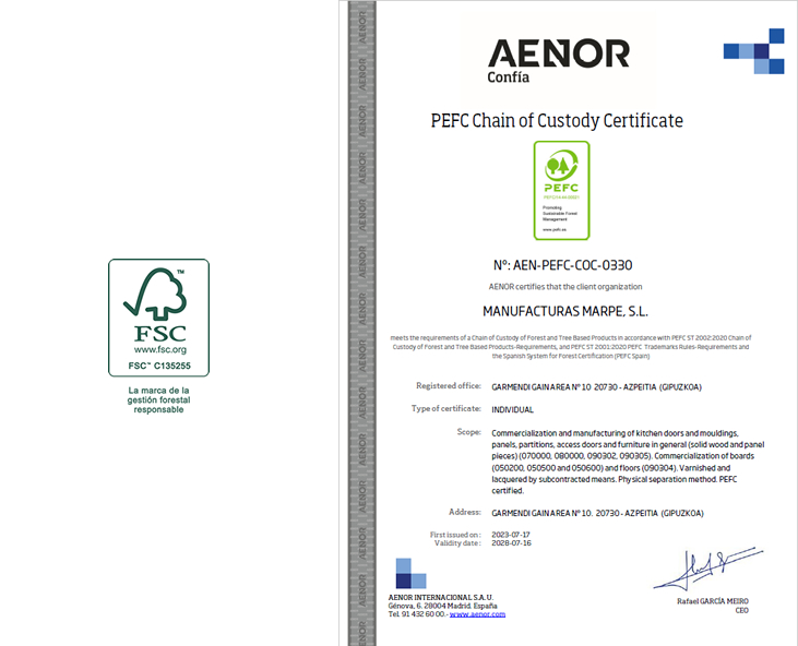 Manufacturas Marpe has the quality certificate PEFC
